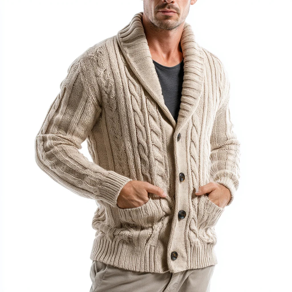 2026 Men's Classic Cable-Knit Shawl Collar Cardigan Sweater Winter Fashion Hot Selling Knitwear Button Professional Manufacturer