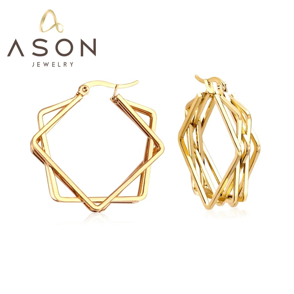 Ason Jewelry Fashion Vintage Earrings Geometric Stainless Steel Multilayer Hoops 18k Gold Plated Hoop Earrings