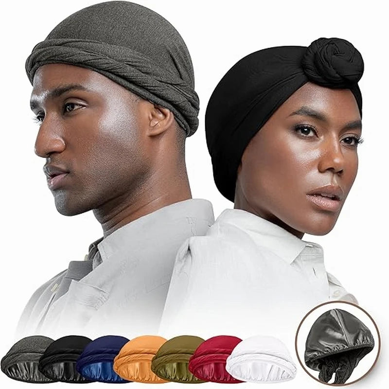 Custom logo Silk Satin Lined Halo Turban Head Wrap Skull Cap Hair Cover Sleeping Bonnet Hat for Men and Women