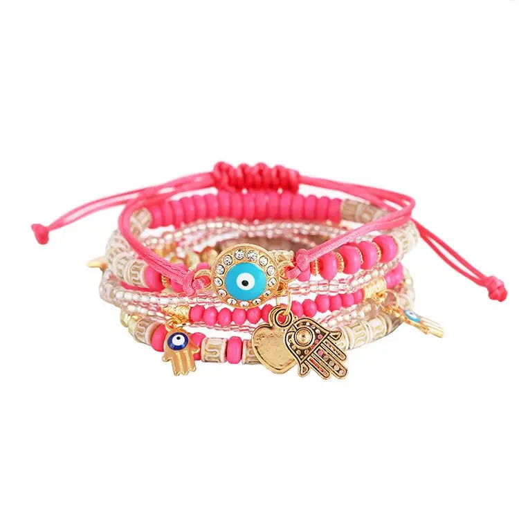 SY Wholesale Adjustable Bohemia Multi-layer Hand Pendant Evil Eyes Beads Bracelets for Summer Jewelry