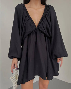 S-XL New V-neck Long Sleeved Dress Short Bubble Sleeved Large Hem Dress