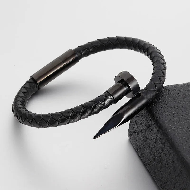 Europe Fashion Men's Stainless Steel Wrap Bracelets Genuine Leather with Handmade Braided Rope and Nail Design for Gift