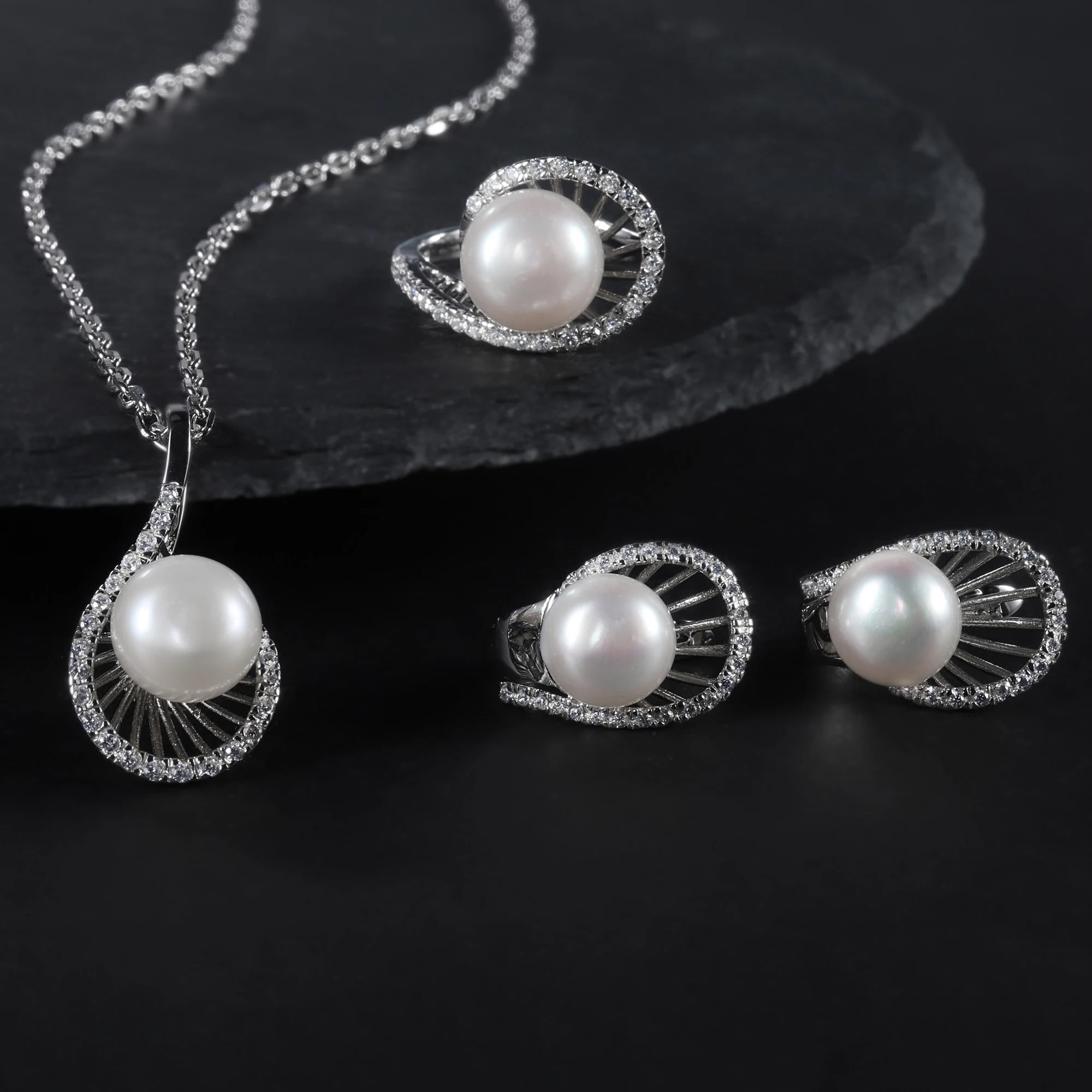 D1012 Abiding Jewelry Brand New 10mm White Fresh Water Pearl Silver Sets 925 Pearl Necklace Wedding Jewelry Set