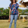 Online Retailer Women Summer Loose Casual Chiffon Tops Batwing Short Sleeve O Neck Floral Printed Elastic Hem Blouse Casual Wear