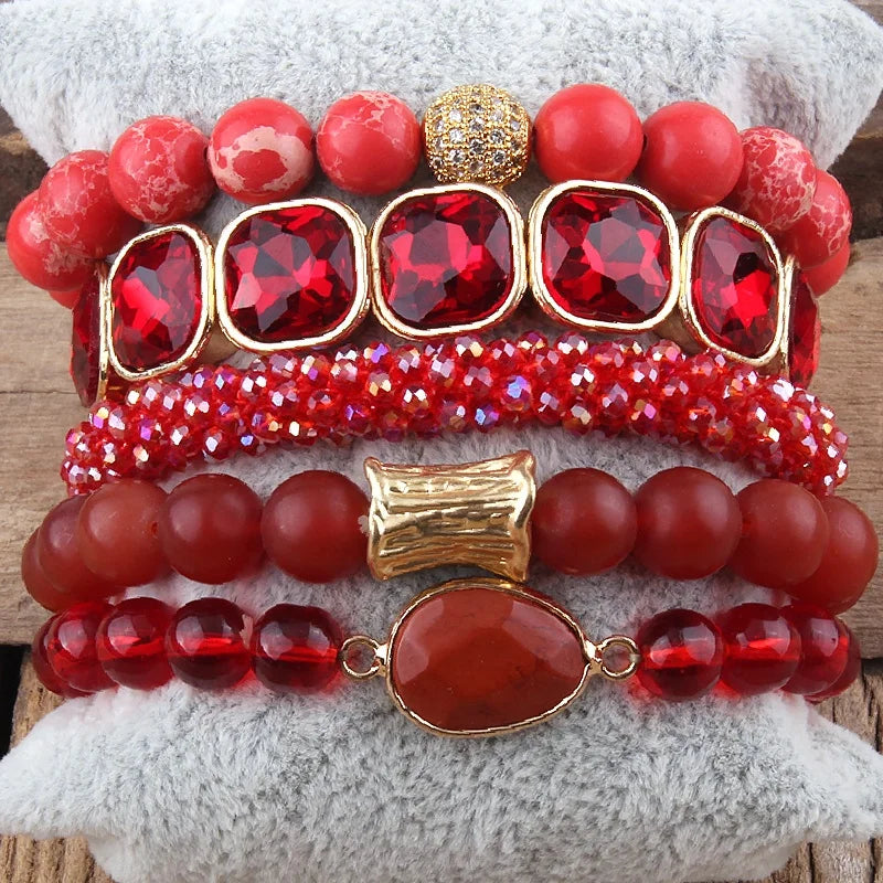 New Crystal Flower Pendant Elastic Pearl Natural Stone Alloy Druzy Bangle Square Crystal Glass Bead Stack Bracelet Sets
