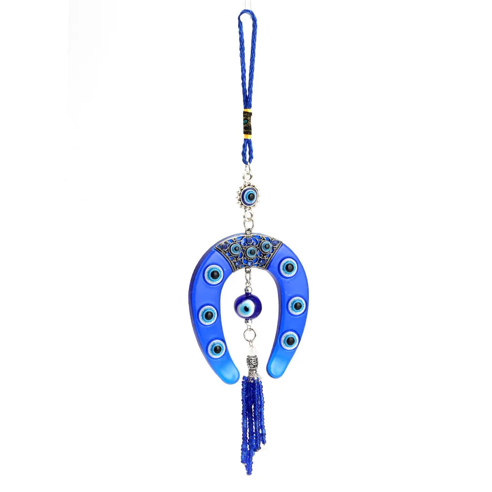 Fashion Jewelry Blue Resin Horseshoe Pendant Keychain Rope Evil Eyes Tassel Wall Hanging Car Key Chain