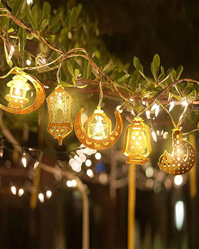 Hot 5.4 Ft 10 LEDs Eid Moon Star Kerosene Lantern Battery/USB Operated Eid String Light Ramadan Decor Party Supplies