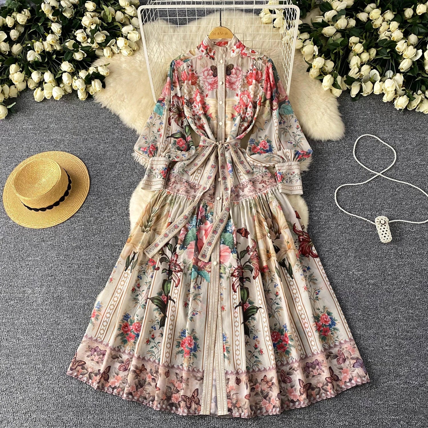 ZT1478 European American Vintage Court  Printed Dress Female Lantern Sleeve Waist Strap Single-breasted Temperament Maxi Dress