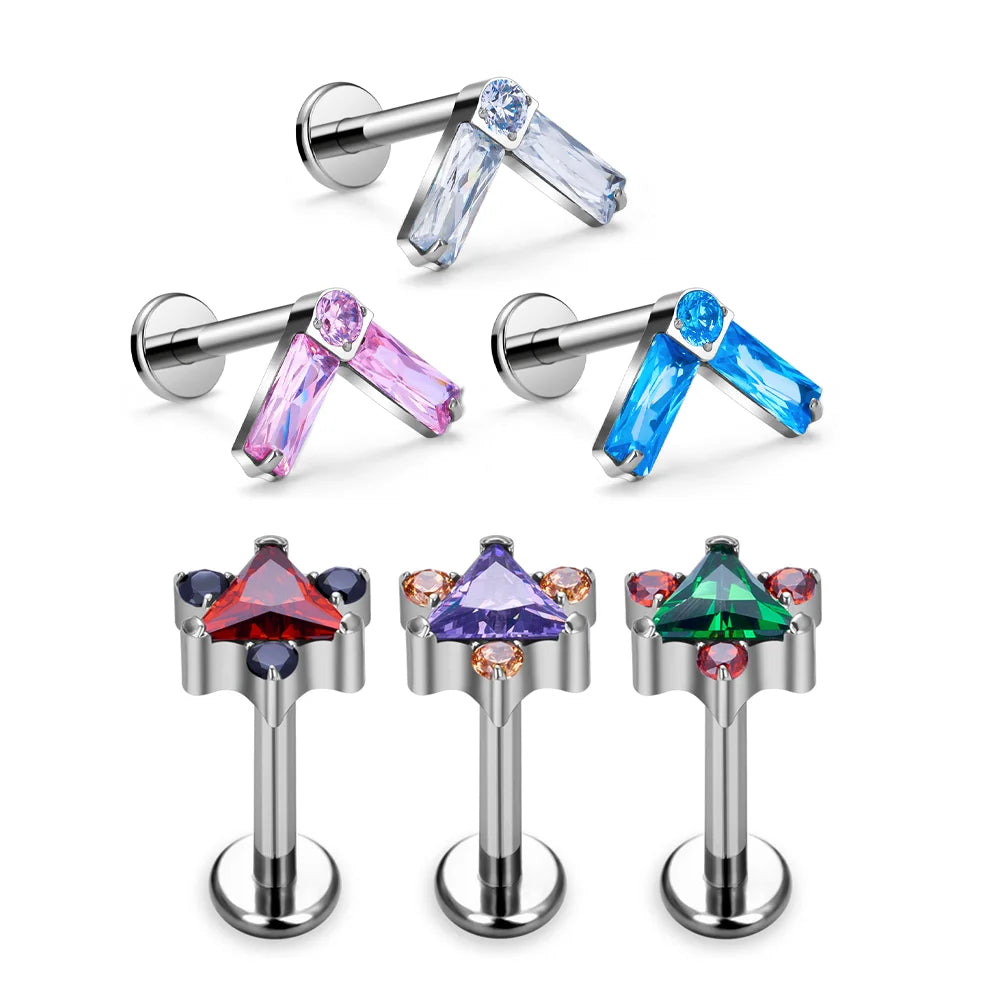 G23 ASTM F136 Titanium V & Triangle Shape Ear Stud Inlay Zircon 16G Clicker Shiny Punk Style Tragus Conch Body Piercing Jewelry