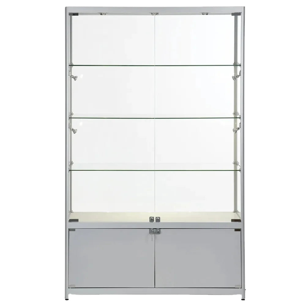 Manufacturer Full Vision Tempered Glass Showcase Freestanding Wall Display Case with Aluminium and MDF for Retail Shop Display