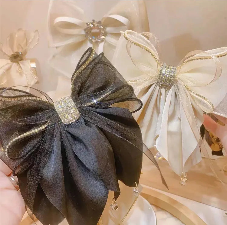 Luxury Rhinestone Bow Hair Clips Large Satin & Tulle Bow Barrettes for Women Elegant Hair Accessories for Daily & Party