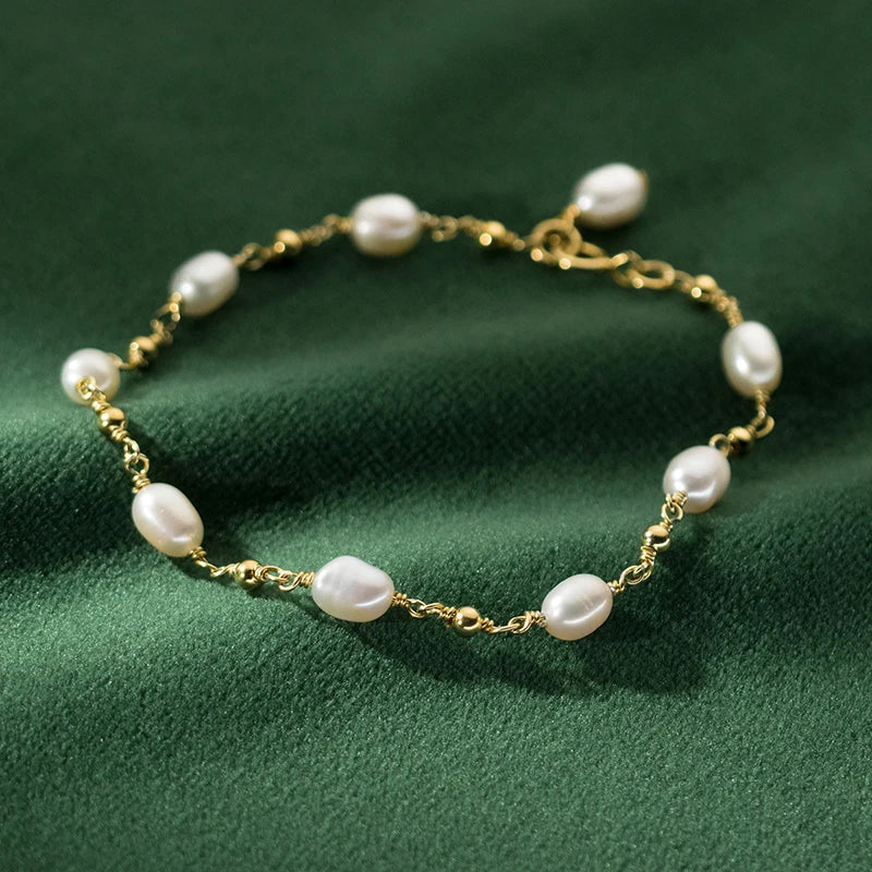 Wholesale Ladies Elegant Baroque Pearl Strand Charm Bracelet Unique Korean Wedding Jewelry 925 Sterling Silver Gold for Parties