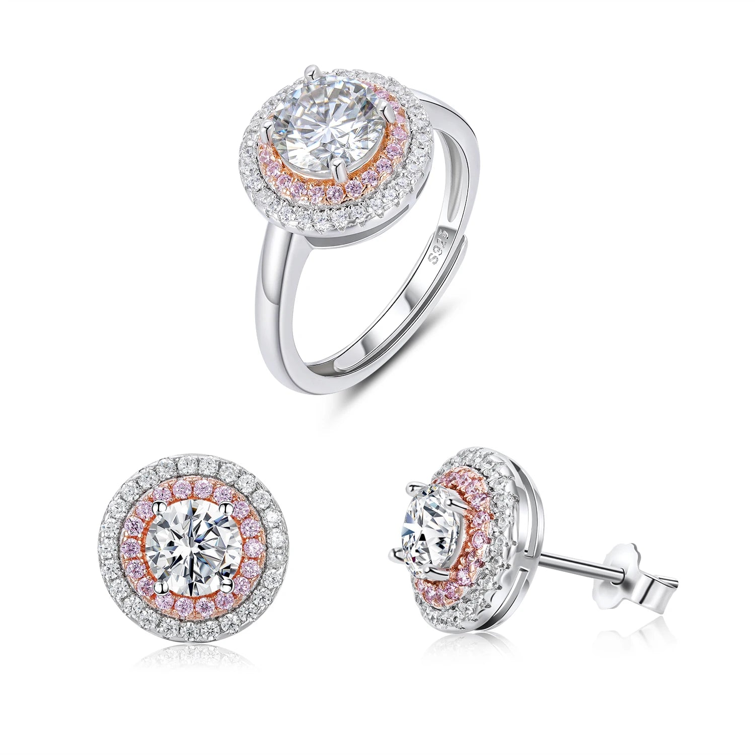 YBO Wholesale 925 Sterling Silver VVS Moissanite Diamond Jewelry Sets Bridal Stud Earrings & Adjustable Ring for Parties & Gifts