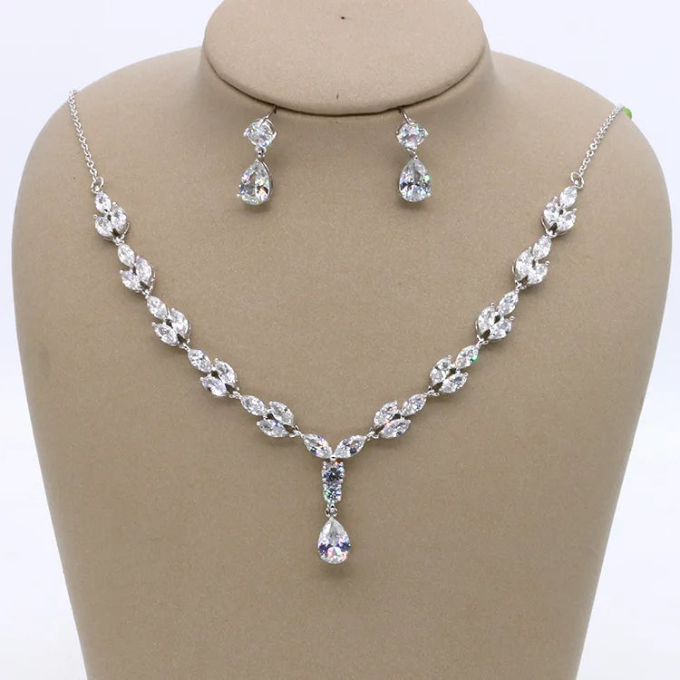 SLBRIDAL Rhinestones Crystals Cubic Zircon Wedding Jewelry Set Bridal CZ Necklace Earring Set Banquet Jewelry Set Women Jewelry