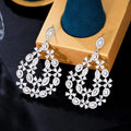 Bling White Cubic Zirconia Women Romantic Pretty Flower Very Large Chunky Tear Drop Dangle Earring for Wedding Brides Accessory