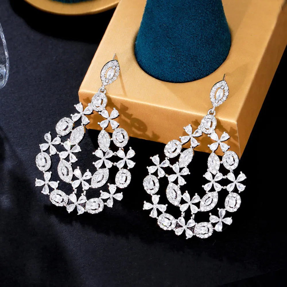 Bling White Cubic Zirconia Women Romantic Pretty Flower Very Large Chunky Tear Drop Dangle Earring for Wedding Brides Accessory