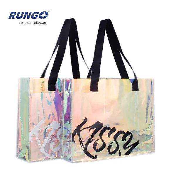 PVC Holographic Tote Shopping Bag Transparent with Purple Flower Letter Print White Silk Screen Handled Fashionable Design