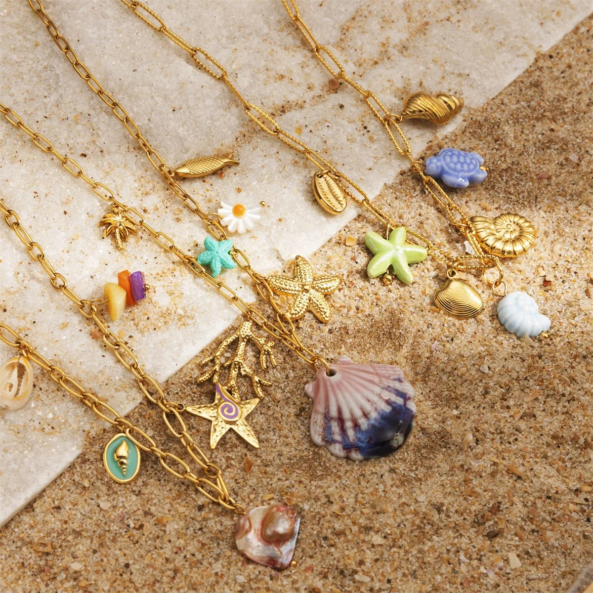 Summer Sea Style Stainless Steel 18k Gold Plated Removable Shell Conch Pendant Necklace for Women Waterproof Jewelry