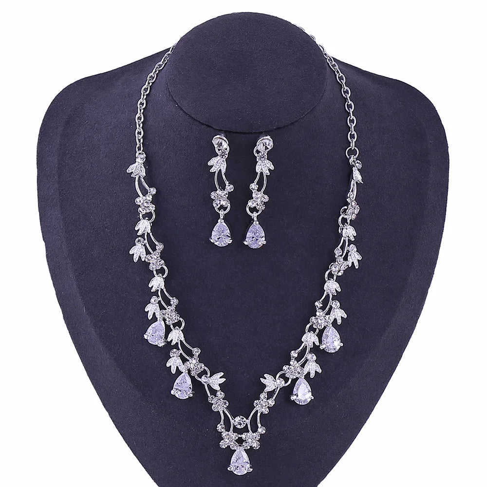 SLBRIDAL Rhinestones Crystals Cubic Zircon Wedding Jewelry Set Bridal CZ Necklace Earring Set Banquet Jewelry Set Bridesmaids
