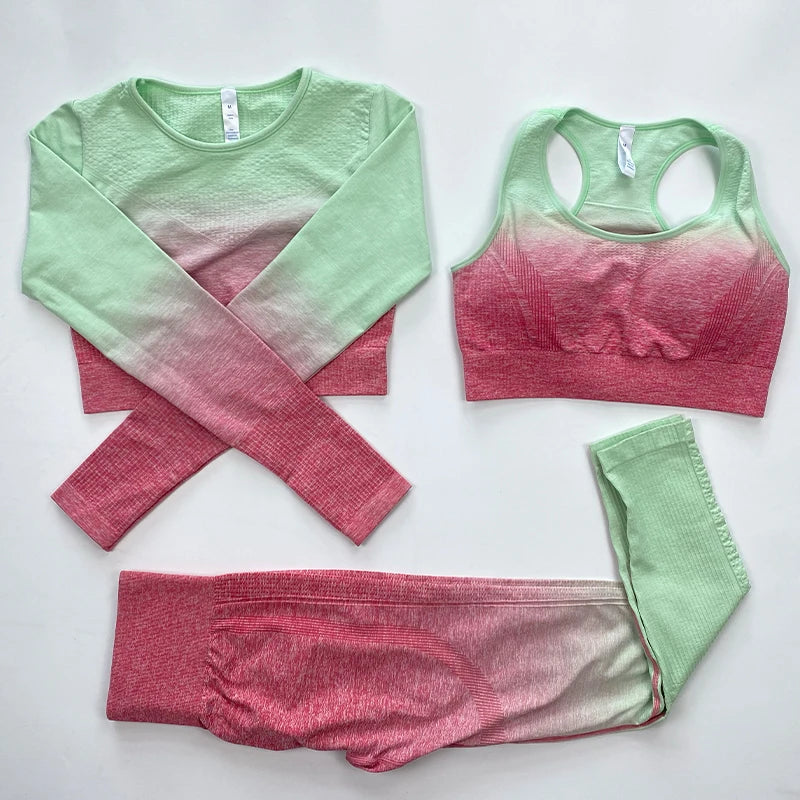 FLW Women's 3-Piece Yoga Sportswear Set Seamless Workout Gym Fitness Leggings with Bra Printed Pattern Lightweight Breathable