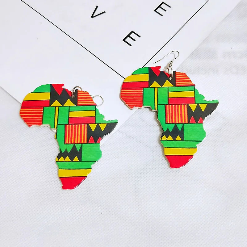 Boho Fashion Africa Style Drop Earrings Exaggerate African Map Shaped Wooden Lightweight Drop Dangle Earrings for Women Girls