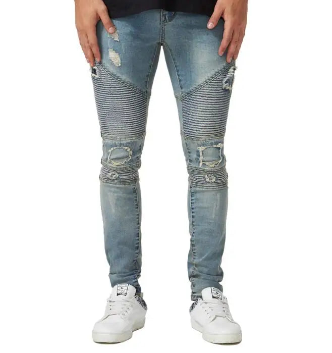 Fashionable New Style Pierced Jeans Personalized Pleated Slim Fit Elastic High Quality Men's Tight Jeans Men's Small Leg Jeans