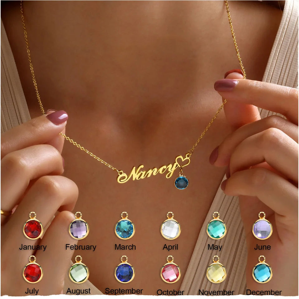 Personalized Stainless Steel Nameplate Necklace with Birthstone Customizable Letter Shape Link Chain for Wedding or Party