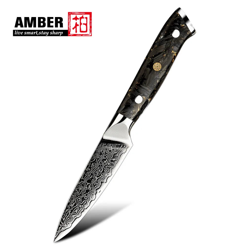 Amber Vg10 67 Layers Fruit Paring Peeling Knife OEM Damascus Knife Carbon Fiber Handle
