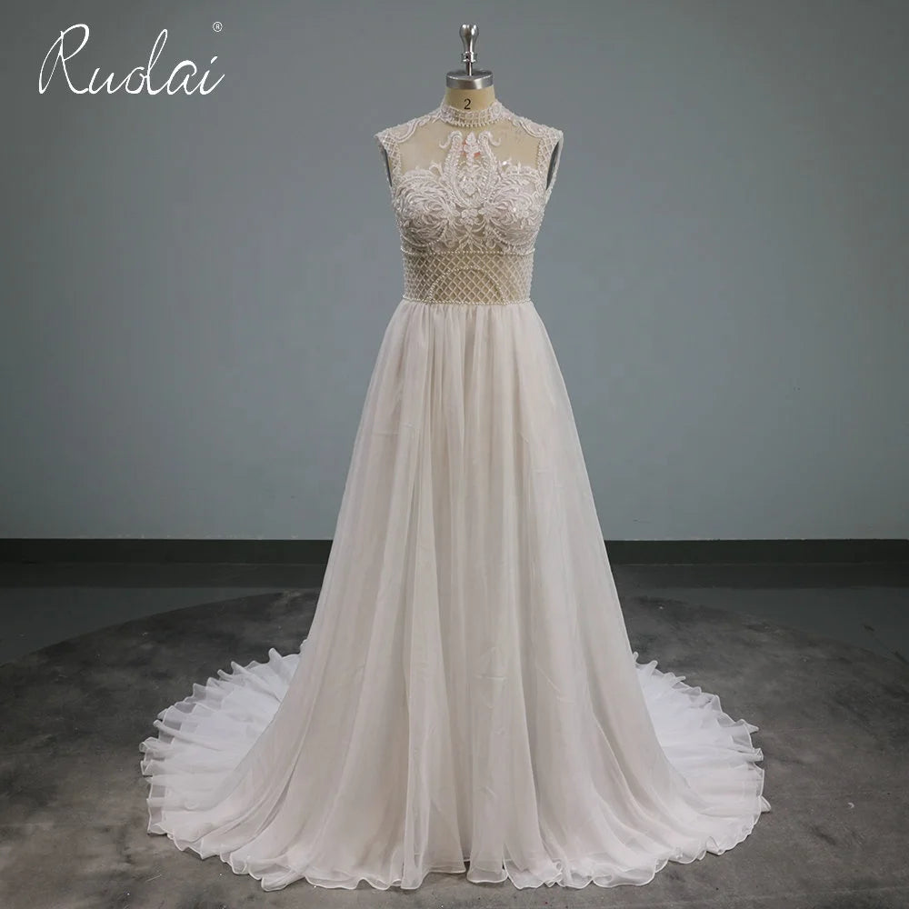Ruolai QW01776 A-line High Neck Beaded Pearl Sleeveless Tulle Wedding Dresses Bride Gowns for Women