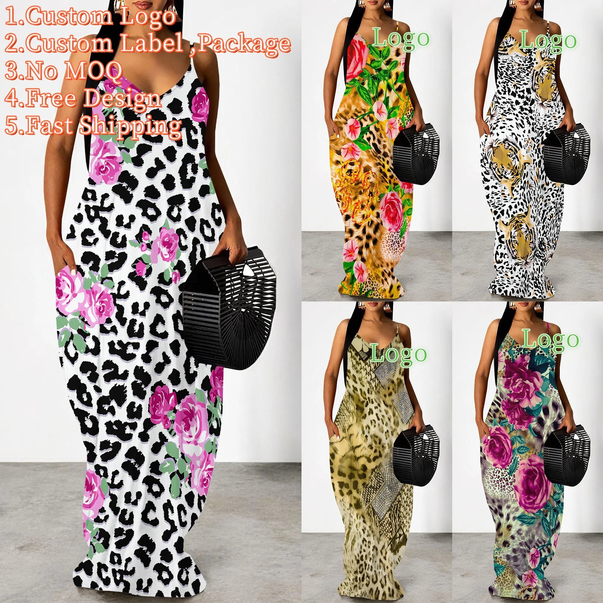 Autumn V-Neck Casual Dresses with Breathable Printed Straps Long and Natural Waistline Woven Design