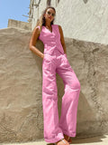 Enyami Streetwear Chic Summer Holiday Cotton Linen Suit V-neck Tank Top Waistcoat Straight Pants Casual 2 Pieces Co Ord Sets