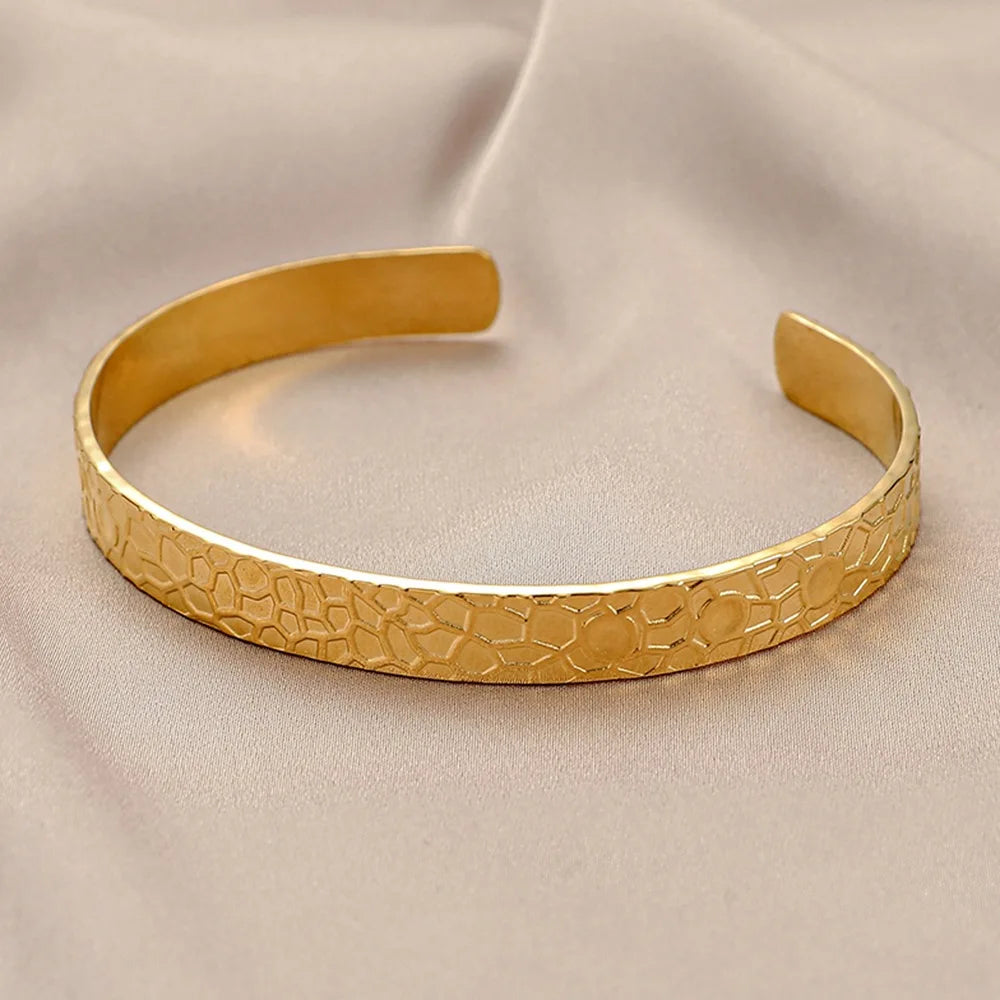 Fashion Vintage Titanium Steel C Shape Cuff Bangle Gold Plated Stainless Steel Uneven Open Bangle  for Women