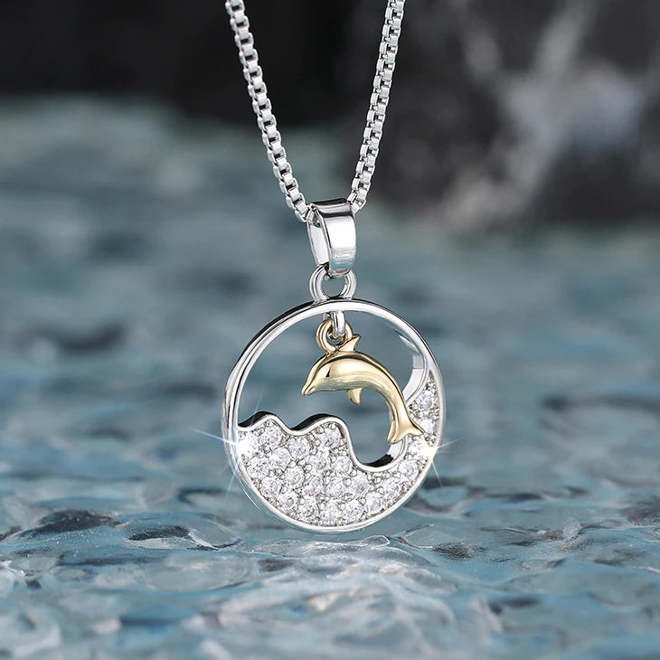 CAOSHI Animal Copper Jewelry Silver Gold Plated Necklaces Full of Diamond Zircon Ocean Dolphin Pendant Necklace for Women Girls