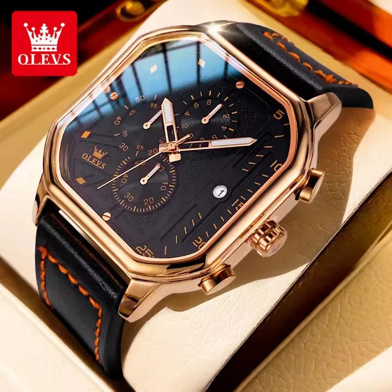OLEVS 9950 Trend Men's Watches Square Waterproof Chronograph Quartz Watch With Luminous Leather Strap Male Wristwatch