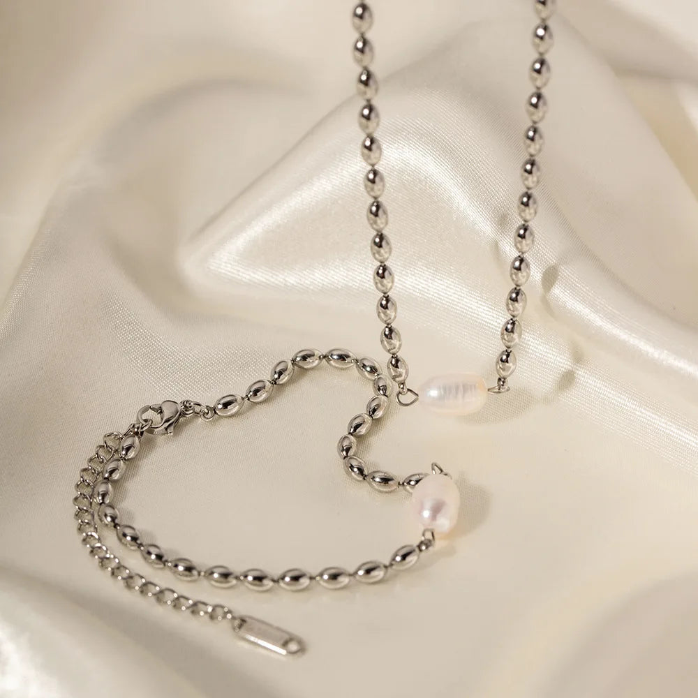 Classic Daily Wear Freshwater Pearl Jewelry Silver Color Stainless Steel Beads Chain Necklace and Bracelet Set for Women