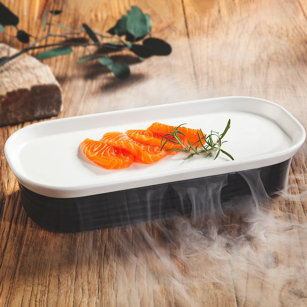 China Hot Sale Low Quantity Matte Black White Color Ceramic Porcelain Sushi Rectangle Dry Ice Plates