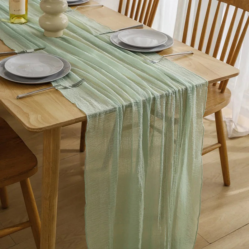 Wholesale Fried Dough Twists Wrinkle Table Decoration Mariage Green Gauze Table Runner for Wedding Cheesecloth Table Runner