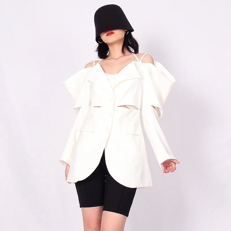 Undefined A6937 Design Irregular White Puffy Long Sleeves Tops  Cut-out Fashion Women Blazer and Jackets