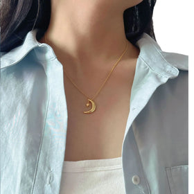High Quality Korean Gold Plated 925 Sterling Silver Moon and Star Pendant Necklace for Women Ladies