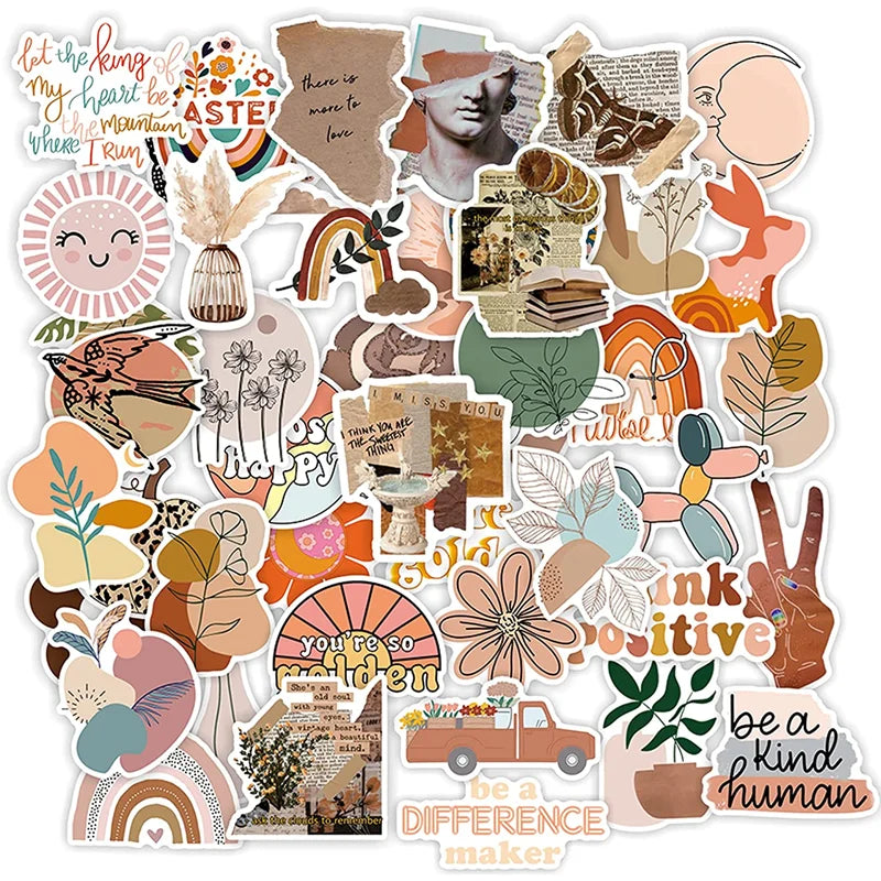 Vintage Aesthetic PVC Vinyl Waterproof Stickers 50 Pcs Cartoon Style for Water Bottles Laptop Phone Computer & Guitar