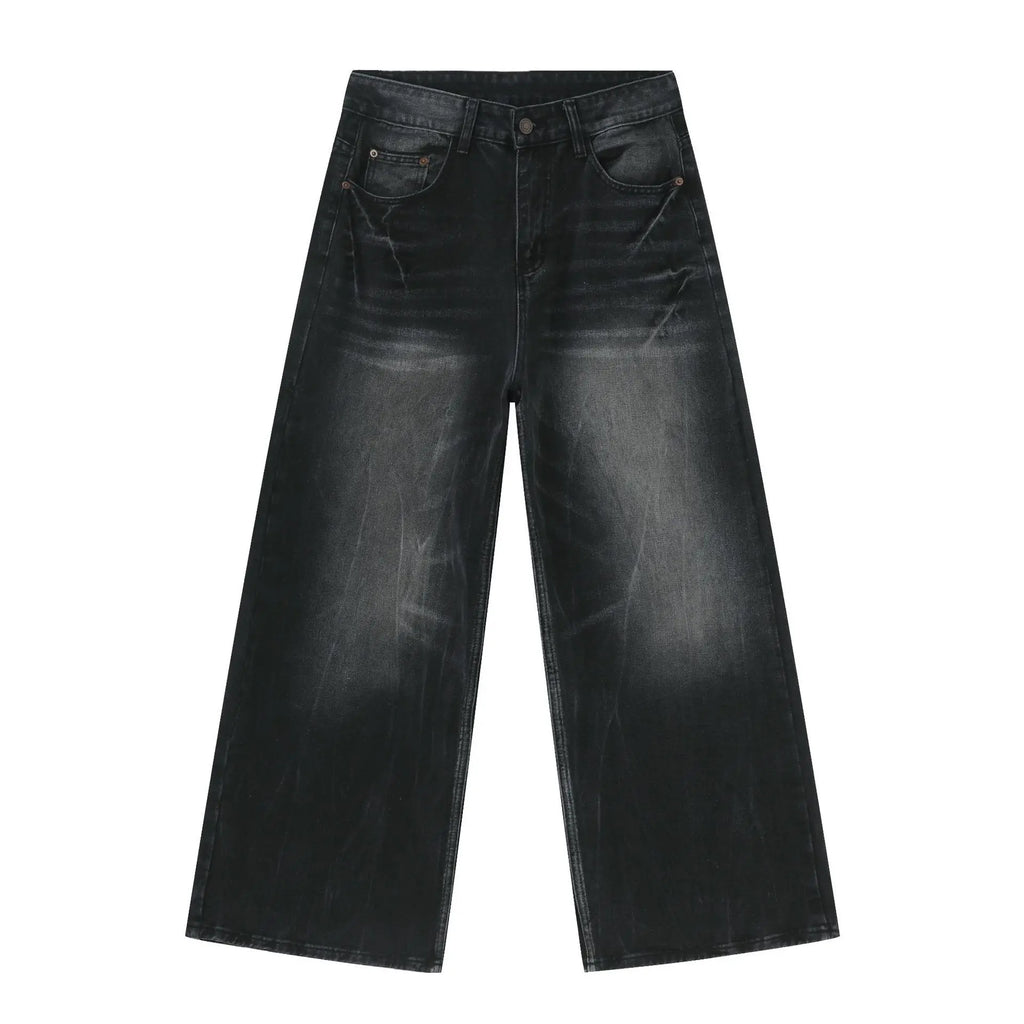 2025 Quality Black Stone Wash Jeans Men Loose Fit Stacked Jeans Baggy Drak Grey Washed Black Jeans