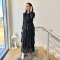 Wholesale Traditional Muslim Chiffon Dress Black Wave Point Printed Abaya