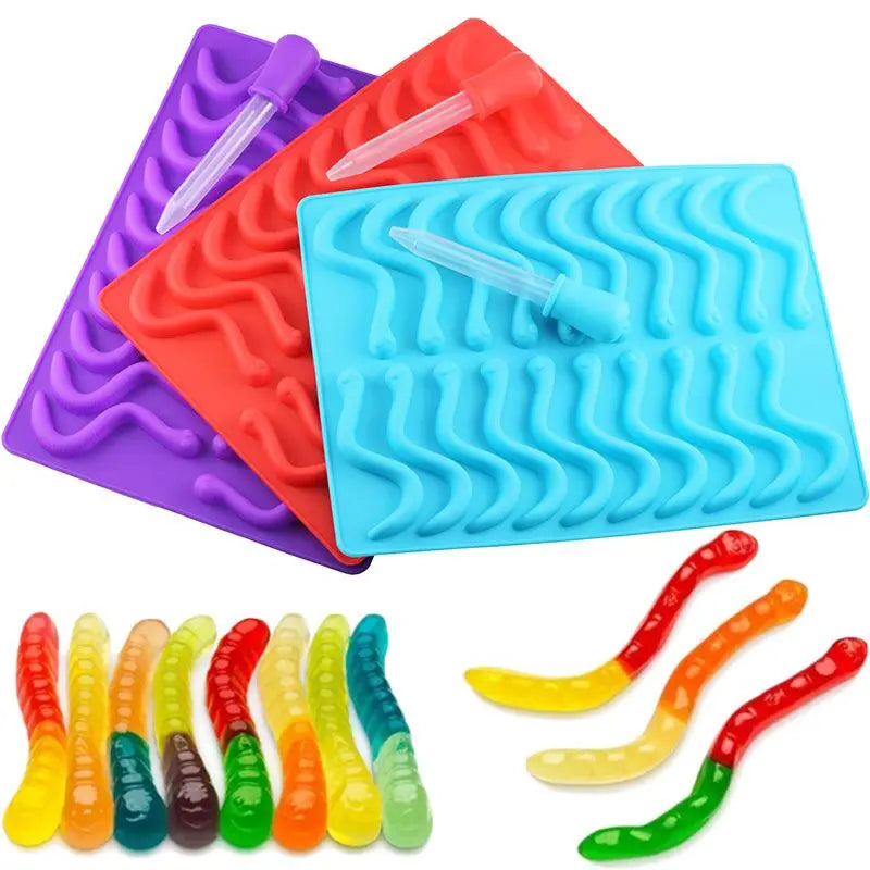 20-Cavity Snake Worm-Shaped Silicone Ice Tube Tray with Dropper for DIY Chocolate Soft Sweets Jelly Gummy Mold-Cake Tools