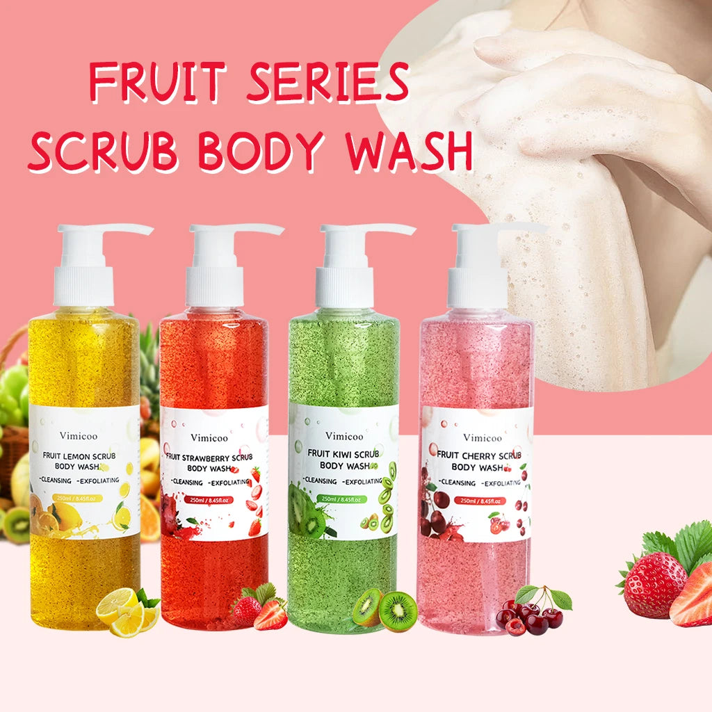Private Label Body Scrub Shower Gel Fruit Perfume Whitening Exfoliating Nourishing Tender Organic Natural Bath Wash Gel Douche