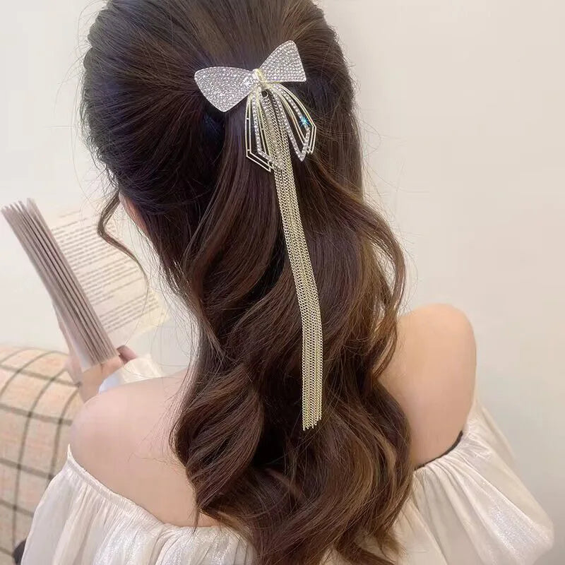 Haarspange Bling Bling Shiny Long Tassel Hair Clip Rhinestone Diamond Bow Hair Clip