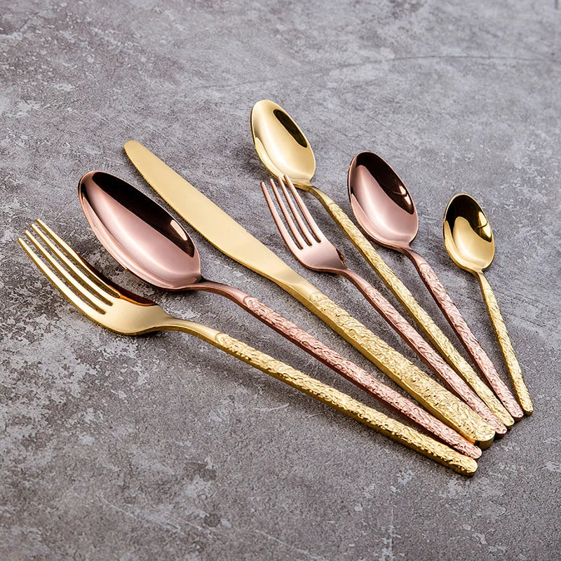 Creative Embossed Hotel Flatware Set Stainless Steel Knife Fork and Spoon Silverware Rose Gold Cutlery Set