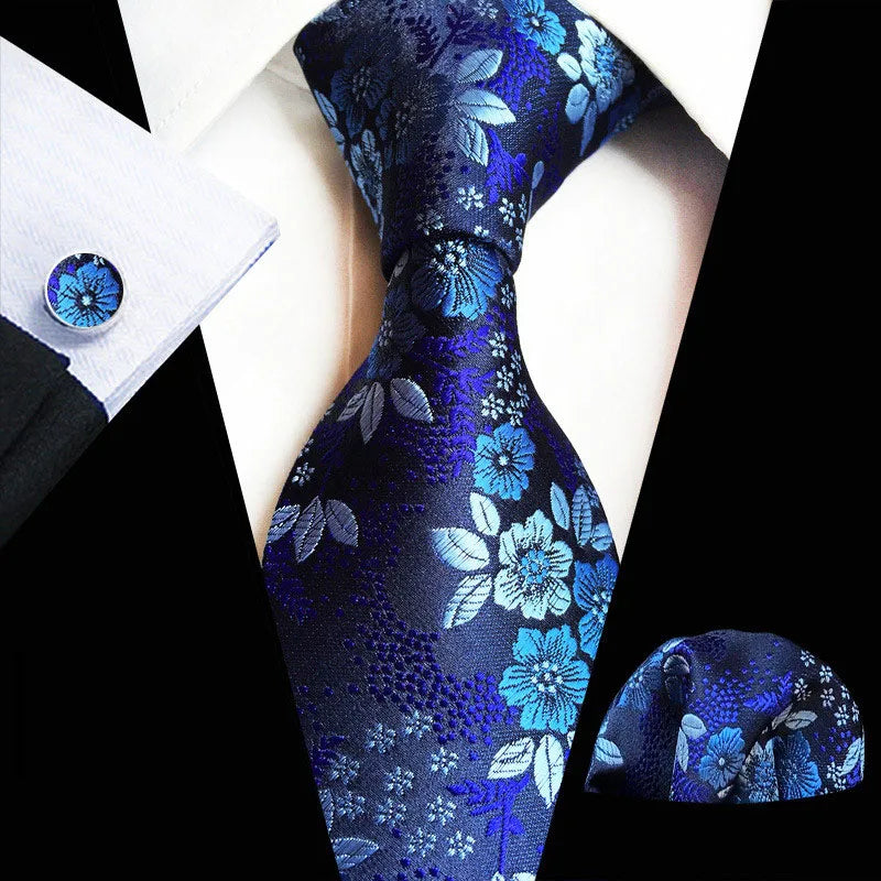 Free Shipping 8cm Silk Jacquard Woven Mens Plaid Tie Red Paisley Tie Hanky Cufflinks Set Pocket Square for Party Wedding