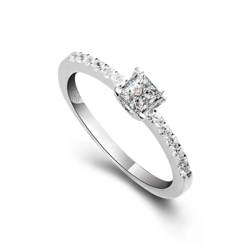 Square 925 Sterling Silver Princess Cut 14K Purity 4x4mm Cubic Zirconia Wedding Engagement Ring for Women Couples Party Jewelry