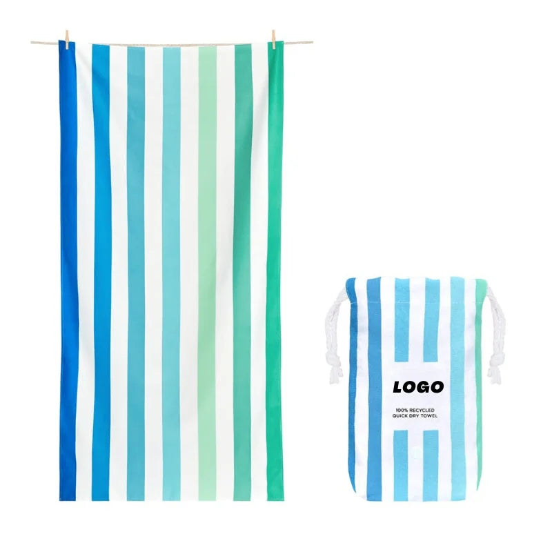 High Quality Striped logo Custom Print Blue Microfiber Striped Beach Towel