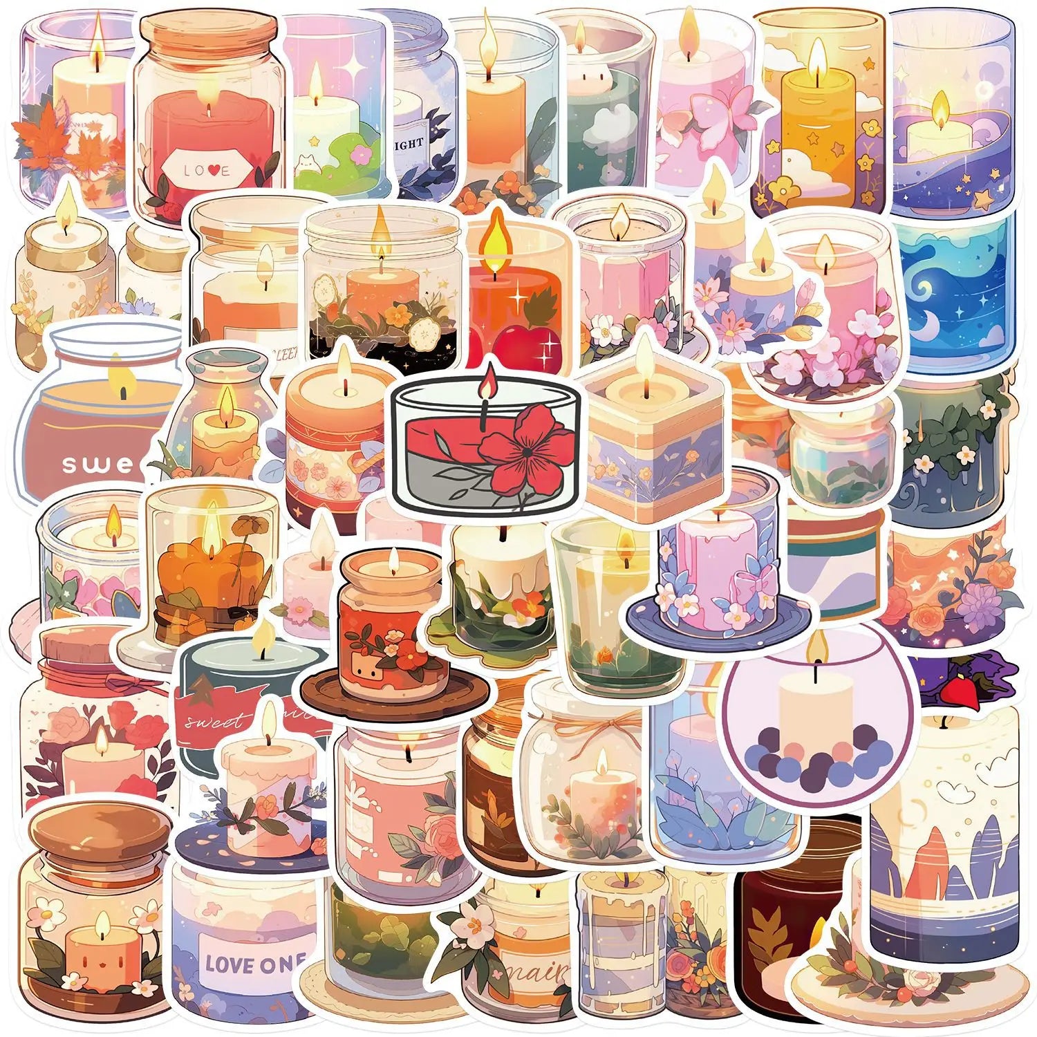 50Pcs Cartoon VSCO Candle Graffiti Stickers for Bedroom Wall Book Decor Vinyl Scented Candles Gift Sticker